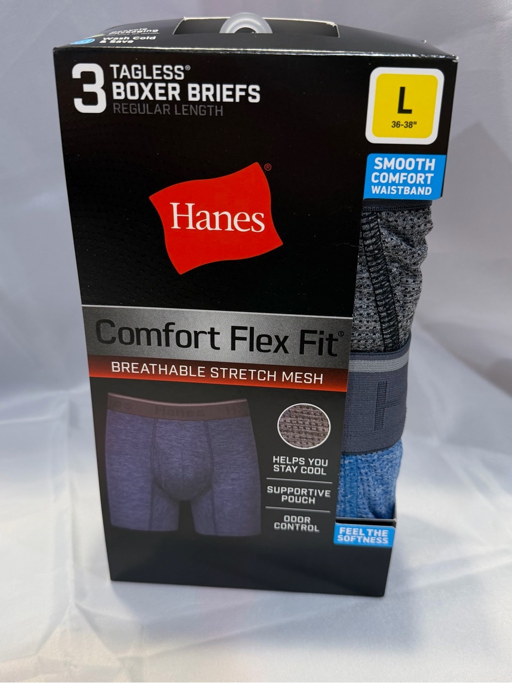 Hanes Comfort Flex Fit Men’s Tagless Boxer Briefs – Blue & Gray (3 Pack) Size L
